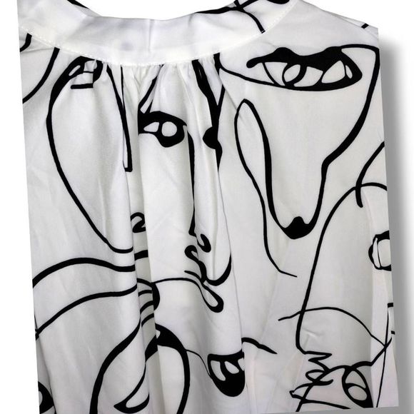 Artistic Ivory Blouse Black Line Portrait Silky Draping Sleeveless Neck Tie - Picture 10 of 14